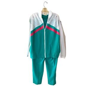 Vintage Teddi Sport 80s Jacket & Pants Track Suit Womens M Aqua Blue Windbreaker